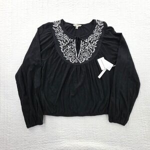 Lucky Brand Embroidered Tunic Peasant Top Womens L NWT Black Puff Sleeve NEW‎
